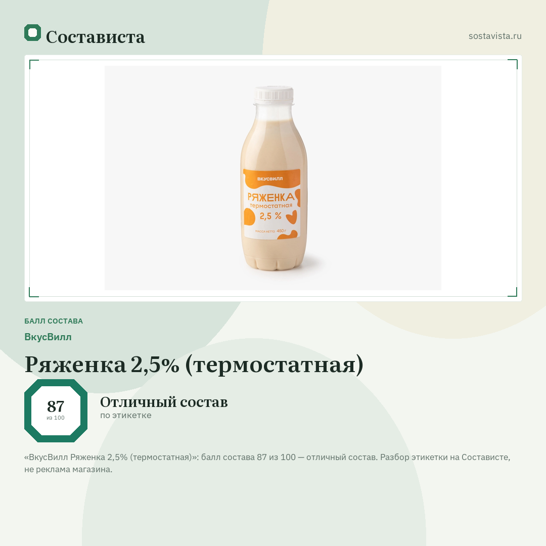 ВкусВилл Ряженка 2,5% (термостатная): балл состава 87 из 100 — Состависта