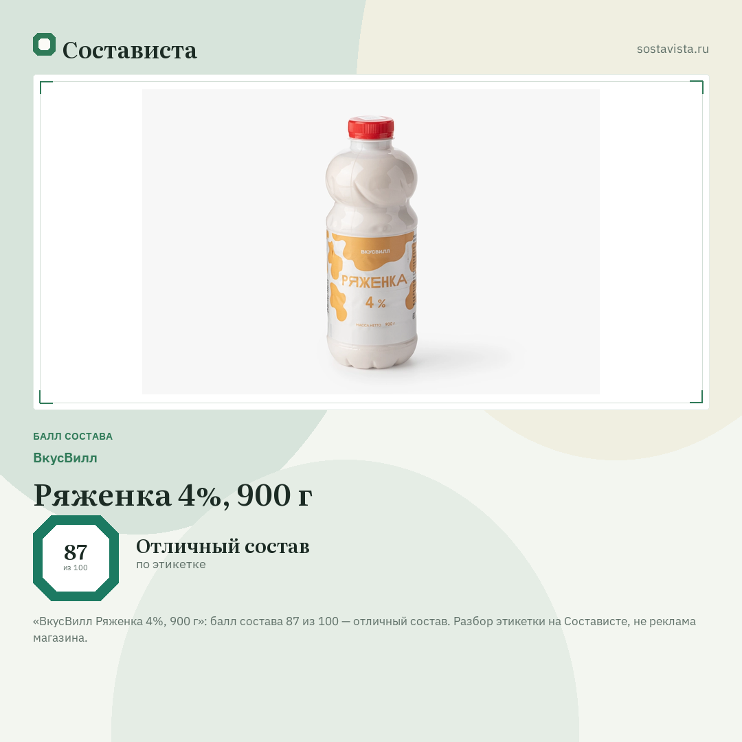 ВкусВилл Ряженка 4%, 900 г: балл состава 87 из 100 — Состависта