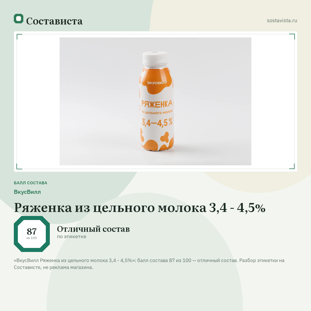 ВкусВилл Ряженка из цельного молока 3,4 - 4,5%: балл состава 87 из 100 — Состависта