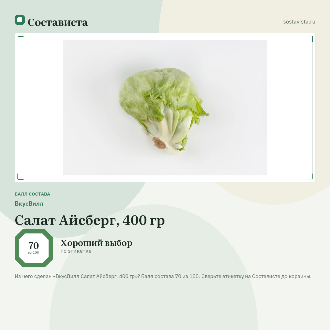 ВкусВилл Салат Айсберг, 400 гр: балл состава 70 из 100 — Состависта