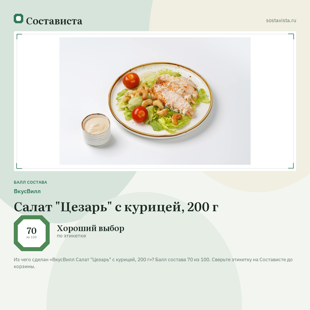 ВкусВилл Салат "Цезарь" с курицей, 200 г: балл состава 70 из 100 — Состависта