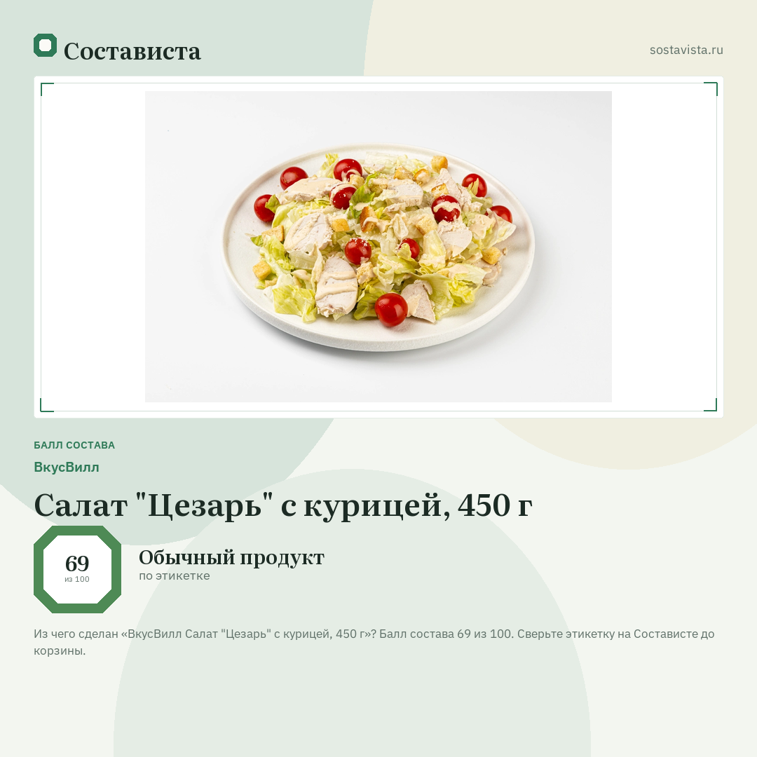 ВкусВилл Салат "Цезарь" с курицей, 450 г: балл состава 69 из 100 — Состависта