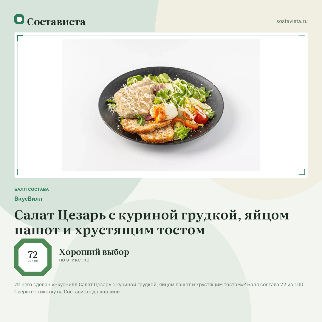 ВкусВилл Салат Цезарь с куриной грудкой, яйцом пашот и хрустящим тостом: балл состава 72 из 100 — Состависта