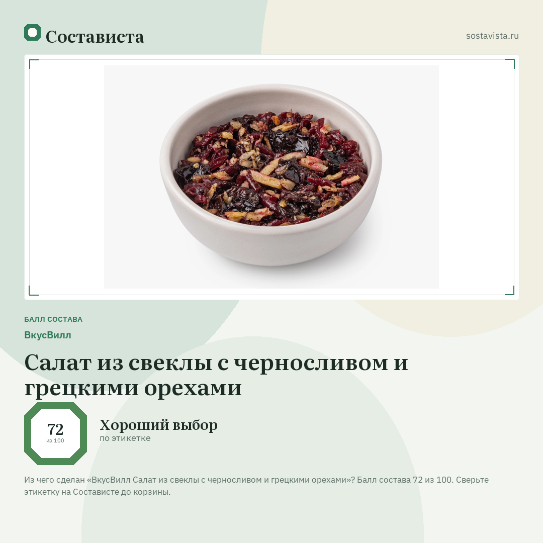 ВкусВилл Салат из свеклы с черносливом и грецкими орехами: балл состава 72 из 100 — Состависта
