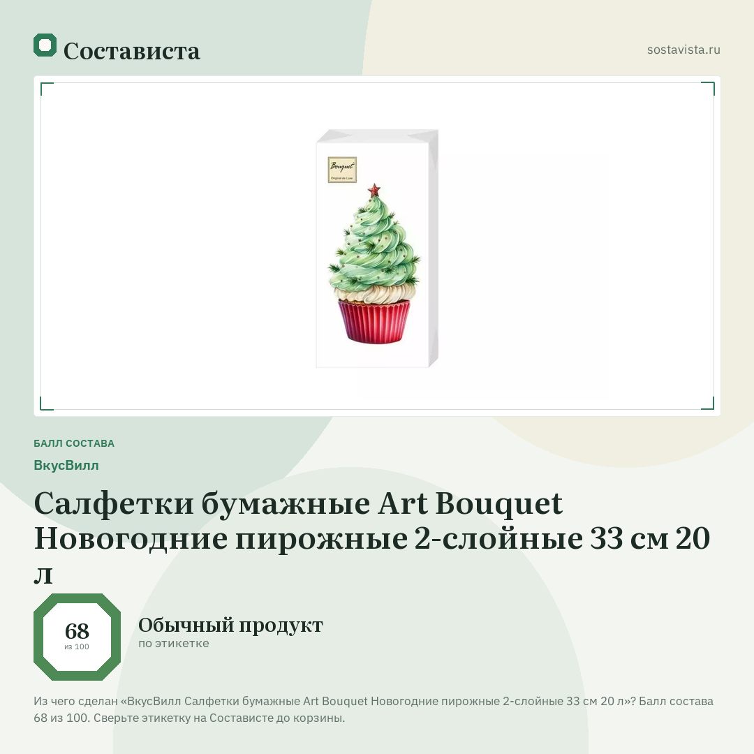 ВкусВилл Салфетки бумажные Art Bouquet Новогодние пирожные 2-слойные 33 см 20 л: балл состава 68 из 100 — Состависта