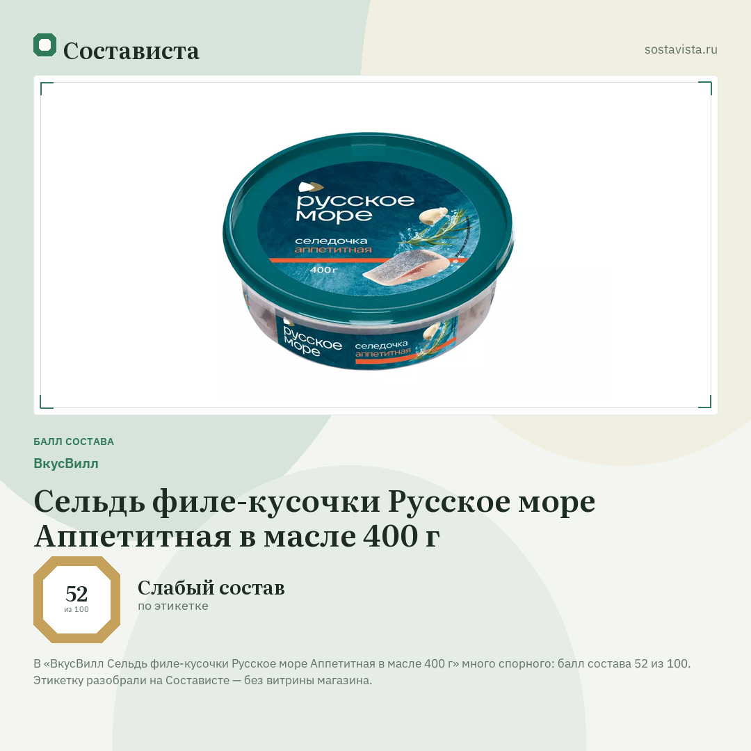 ВкусВилл Сельдь филе-кусочки Русское море Аппетитная в масле 400 г: балл состава 52 из 100 — Состависта
