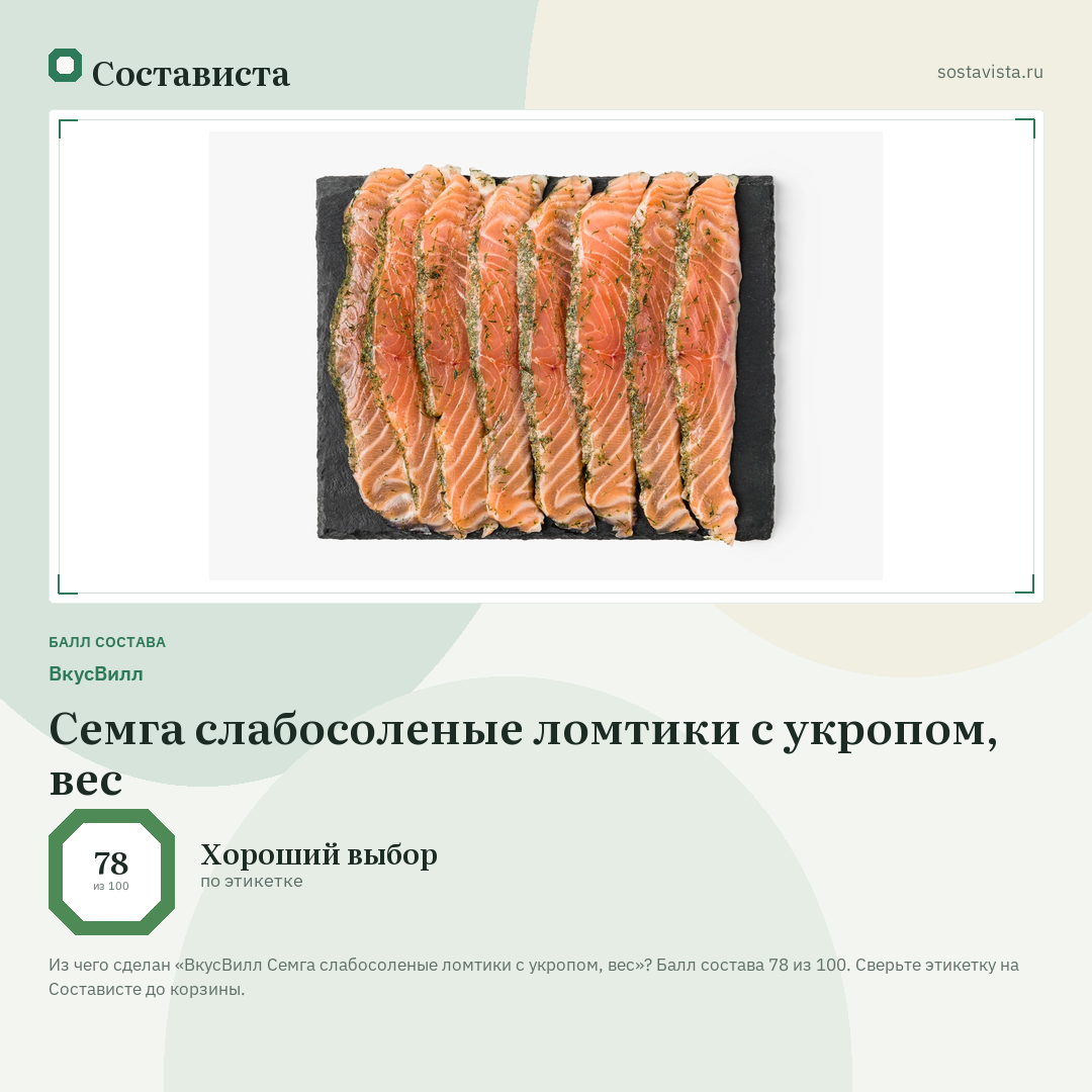 ВкусВилл Семга слабосоленые ломтики с укропом, вес: балл состава 78 из 100 — Состависта