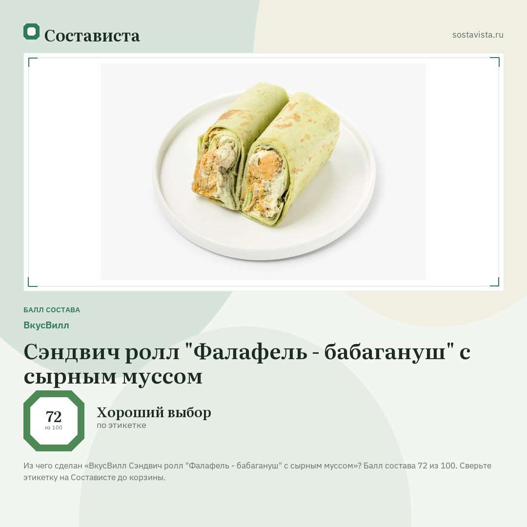 ВкусВилл Сэндвич ролл "Фалафель - бабагануш" с сырным муссом: балл состава 72 из 100 — Состависта
