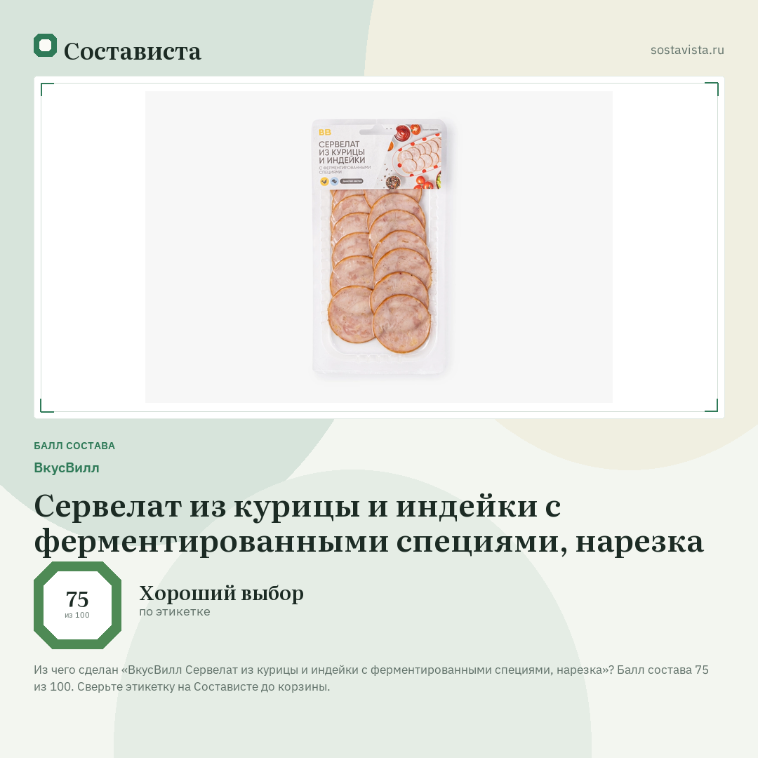 ВкусВилл Сервелат из курицы и индейки с ферментированными специями, нарезка: балл состава 75 из 100 — Состависта