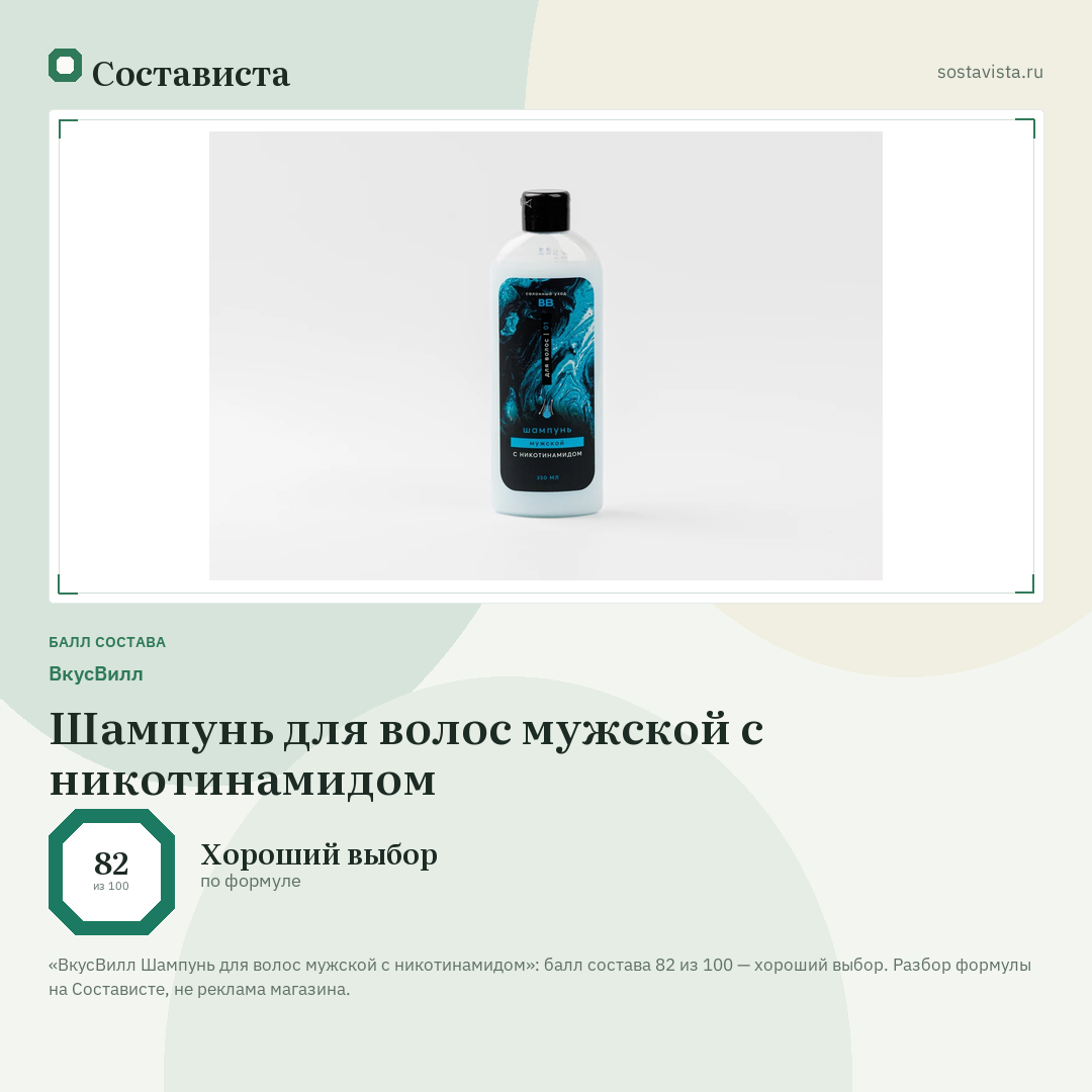 ВкусВилл Шампунь для волос мужской с никотинамидом: балл состава 82 из 100 — Состависта