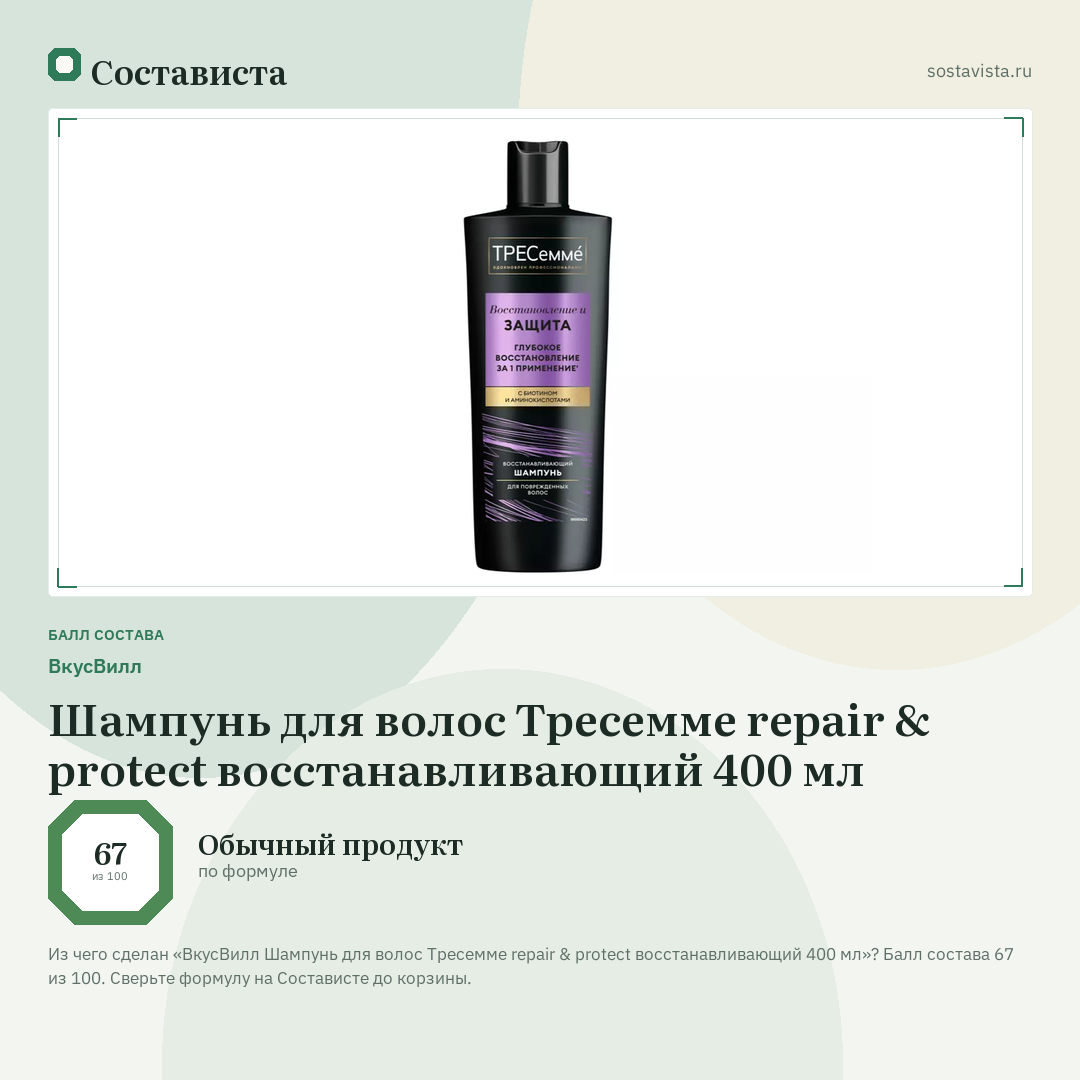 ВкусВилл Шампунь для волос Тресемме repair & protect восстанавливающий 400 мл: балл состава 67 из 100 — Состависта