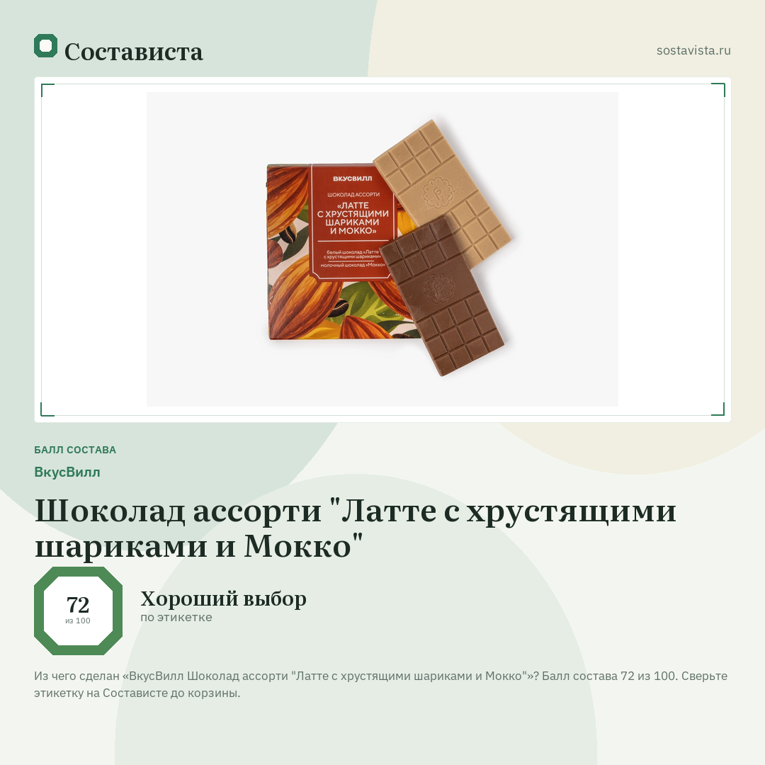 ВкусВилл Шоколад ассорти "Латте с хрустящими шариками и Мокко": балл состава 72 из 100 — Состависта