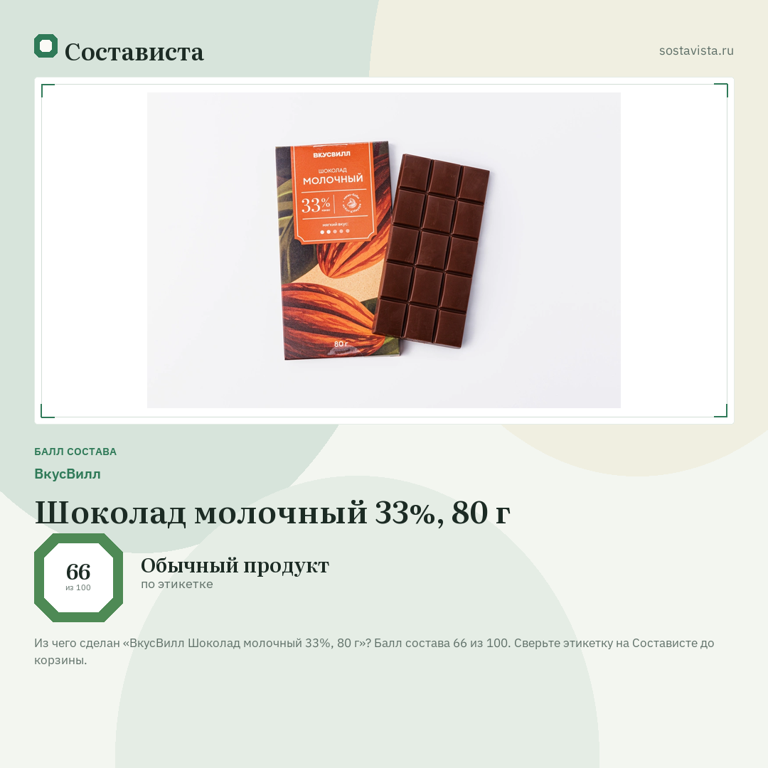 ВкусВилл Шоколад молочный 33%, 80 г: балл состава 66 из 100 — Состависта