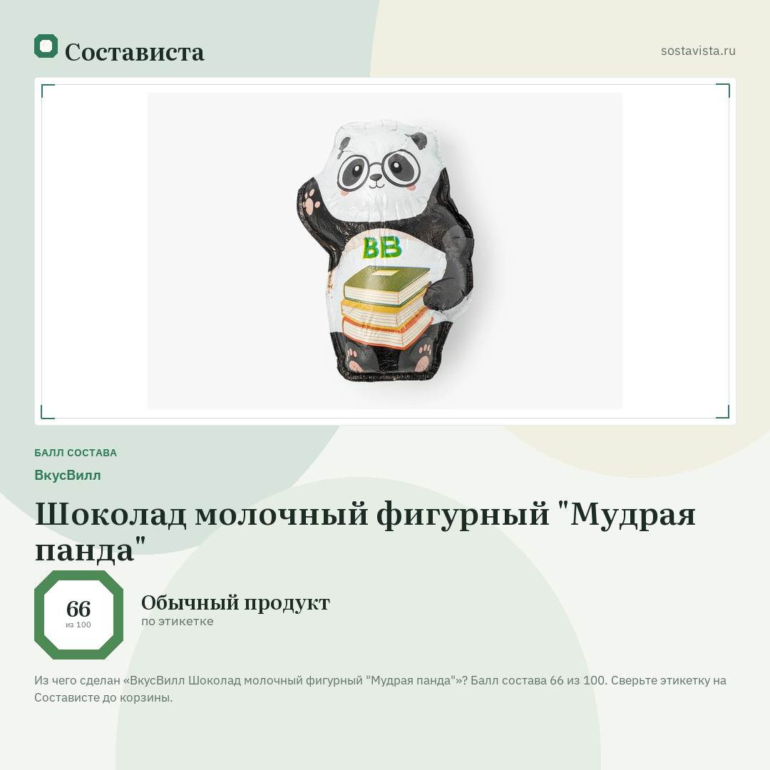 ВкусВилл Шоколад молочный фигурный "Мудрая панда": балл состава 66 из 100 — Состависта