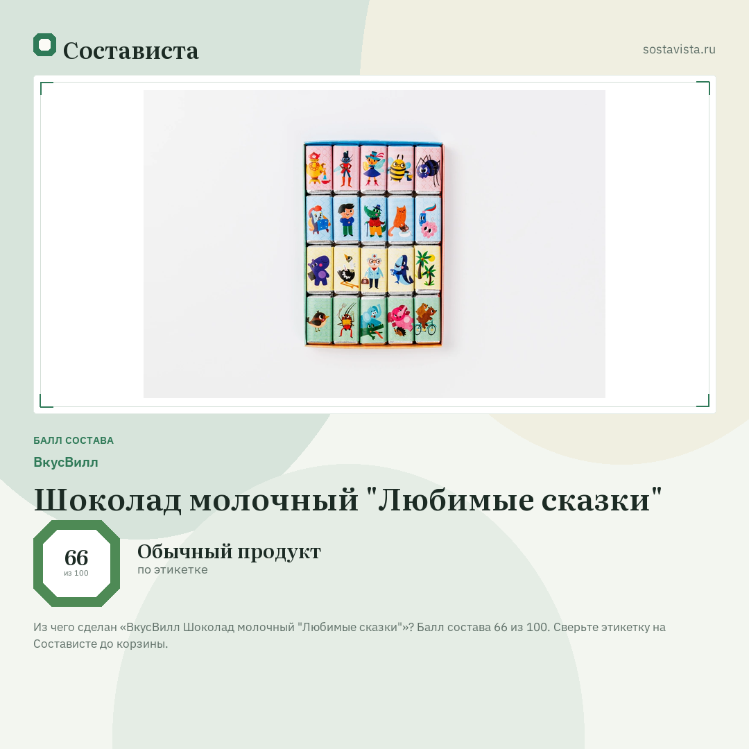 ВкусВилл Шоколад молочный "Любимые сказки": балл состава 66 из 100 — Состависта