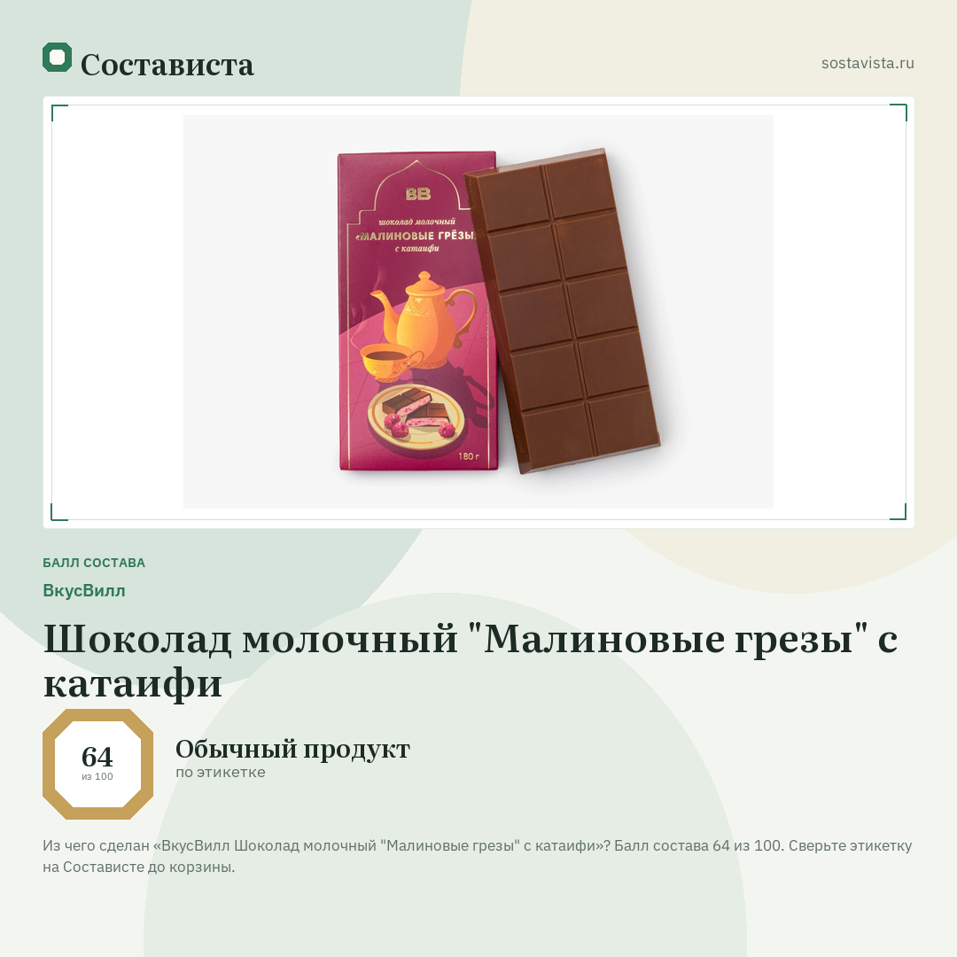 ВкусВилл Шоколад молочный "Малиновые грезы" с катаифи: балл состава 64 из 100 — Состависта