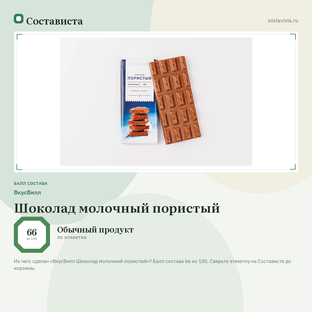 ВкусВилл Шоколад молочный пористый: балл состава 66 из 100 — Состависта