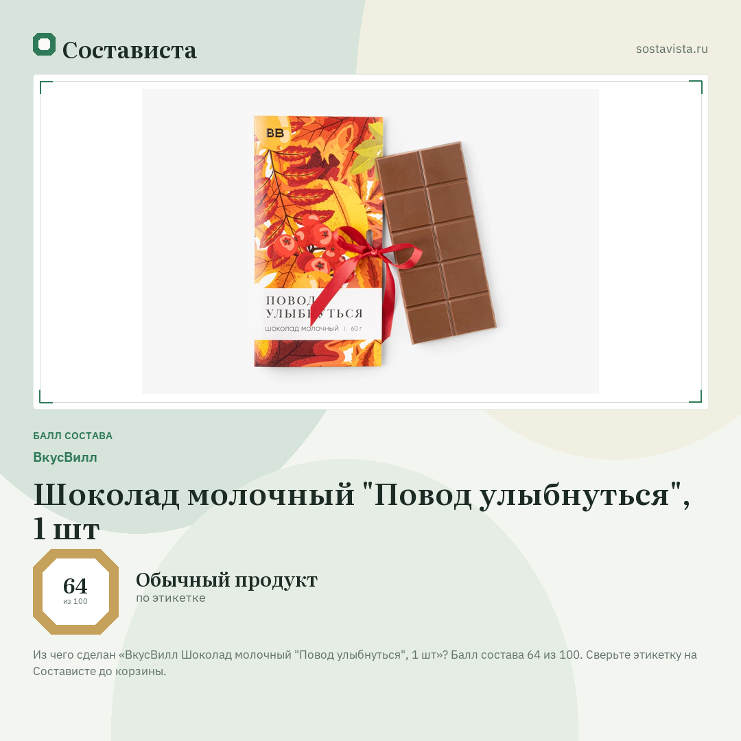 ВкусВилл Шоколад молочный "Повод улыбнуться", 1 шт: балл состава 64 из 100 — Состависта
