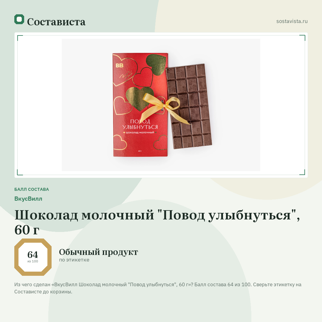 ВкусВилл Шоколад молочный "Повод улыбнуться", 60 г: балл состава 64 из 100 — Состависта