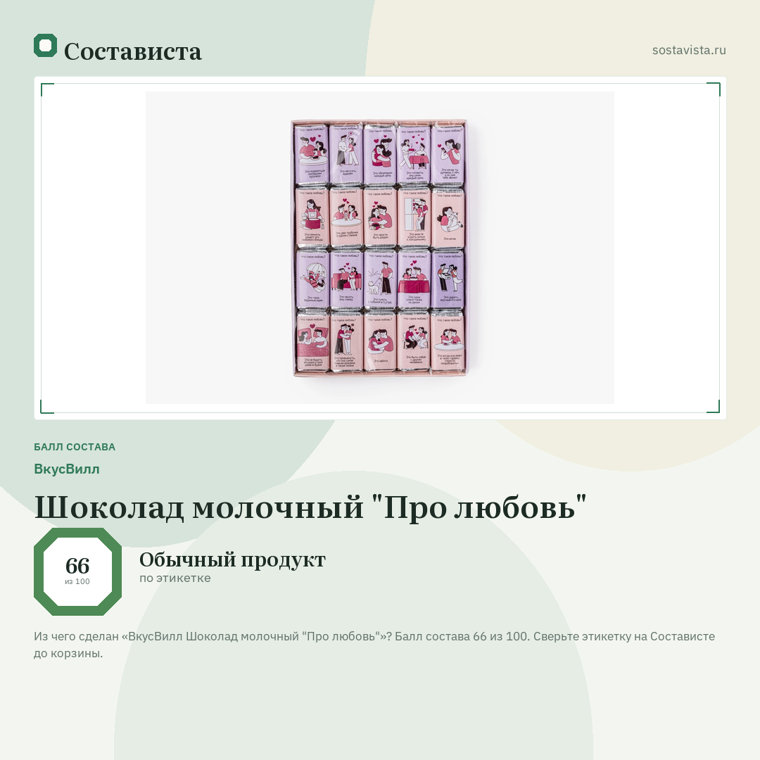 ВкусВилл Шоколад молочный "Про любовь": балл состава 66 из 100 — Состависта