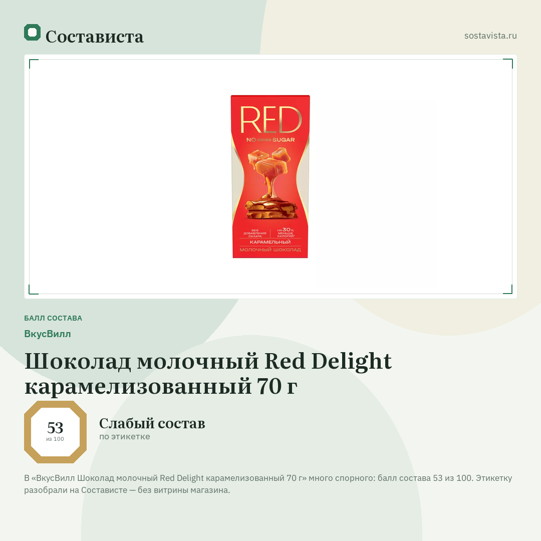 ВкусВилл Шоколад молочный Red Delight карамелизованный 70 г: балл состава 53 из 100 — Состависта