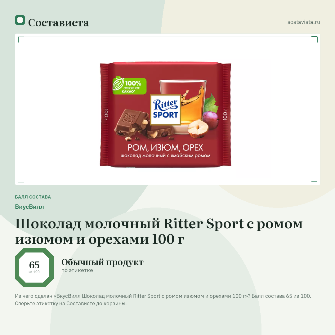 ВкусВилл Шоколад молочный Ritter Sport с ромом изюмом и орехами 100 г: балл состава 65 из 100 — Состависта