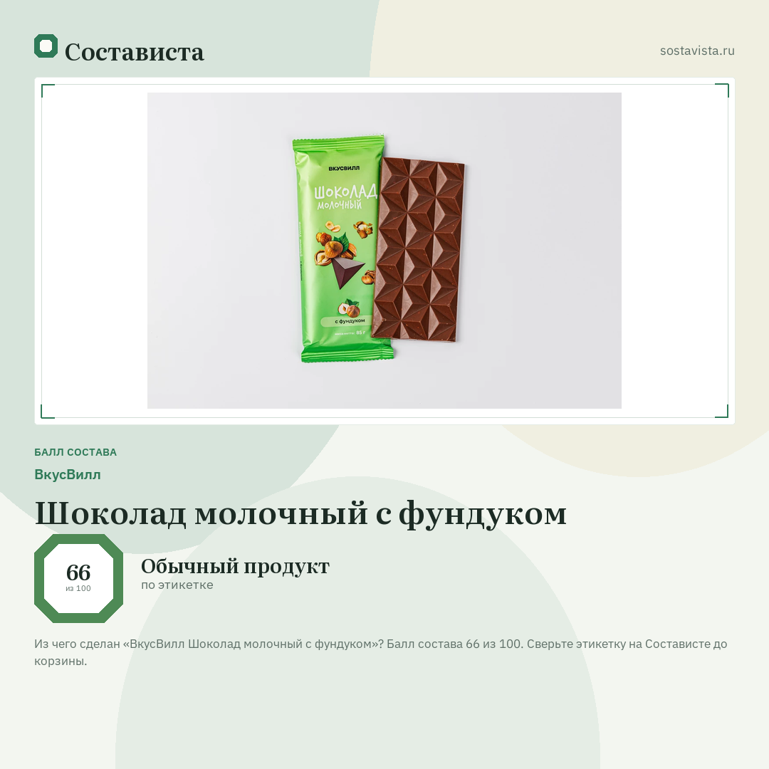 ВкусВилл Шоколад молочный с фундуком: балл состава 66 из 100 — Состависта