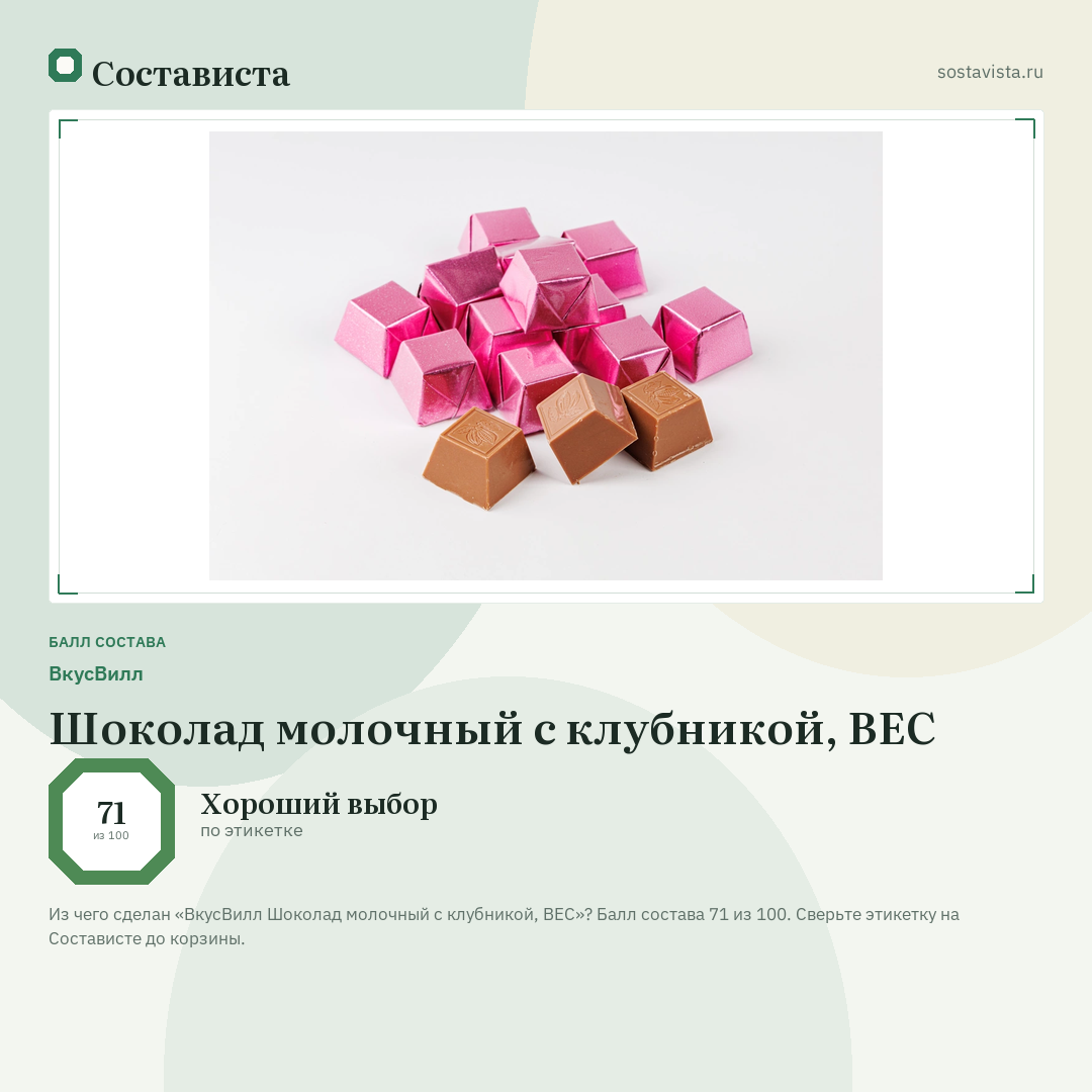 ВкусВилл Шоколад молочный с клубникой, ВЕС: балл состава 71 из 100 — Состависта