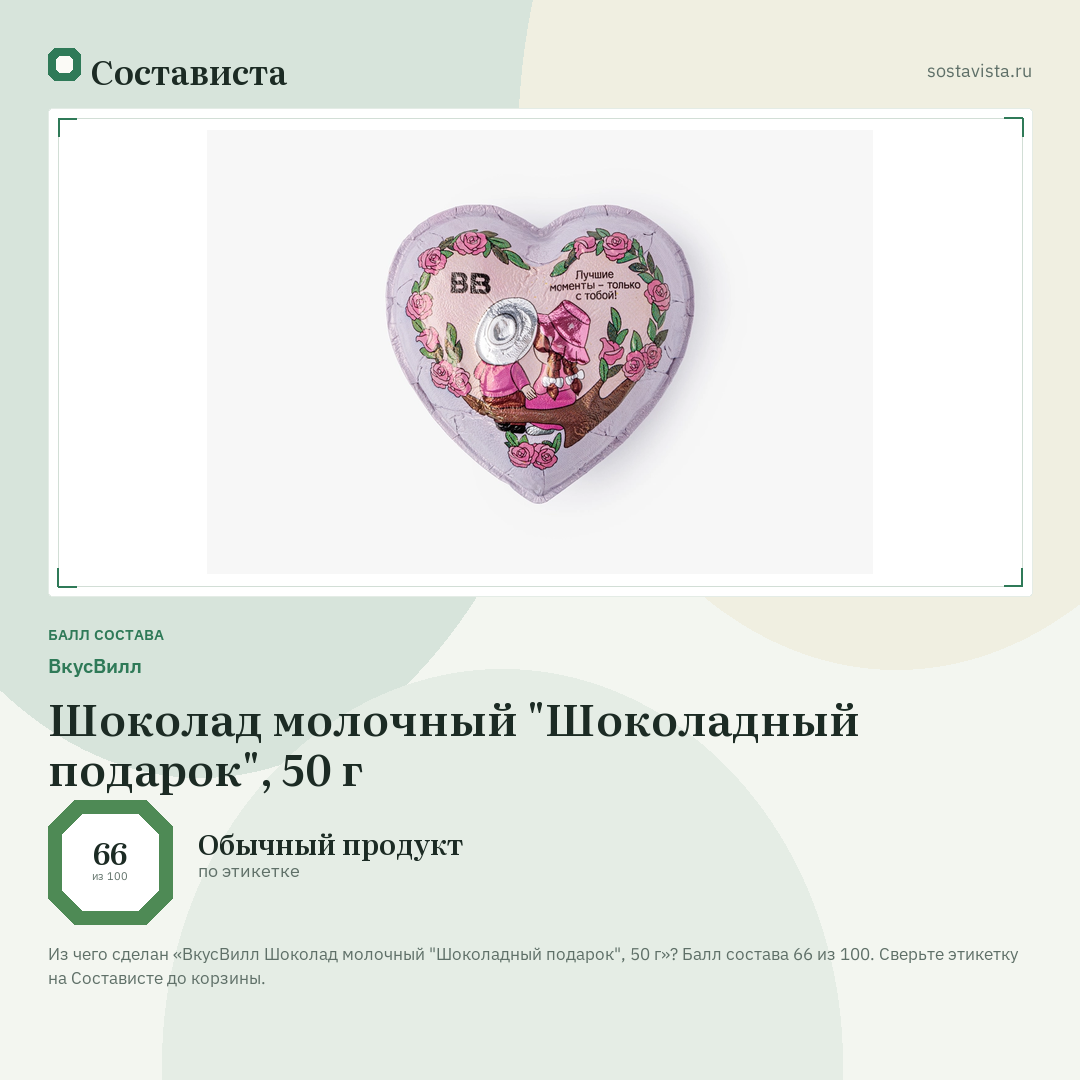 ВкусВилл Шоколад молочный "Шоколадный подарок", 50 г: балл состава 66 из 100 — Состависта