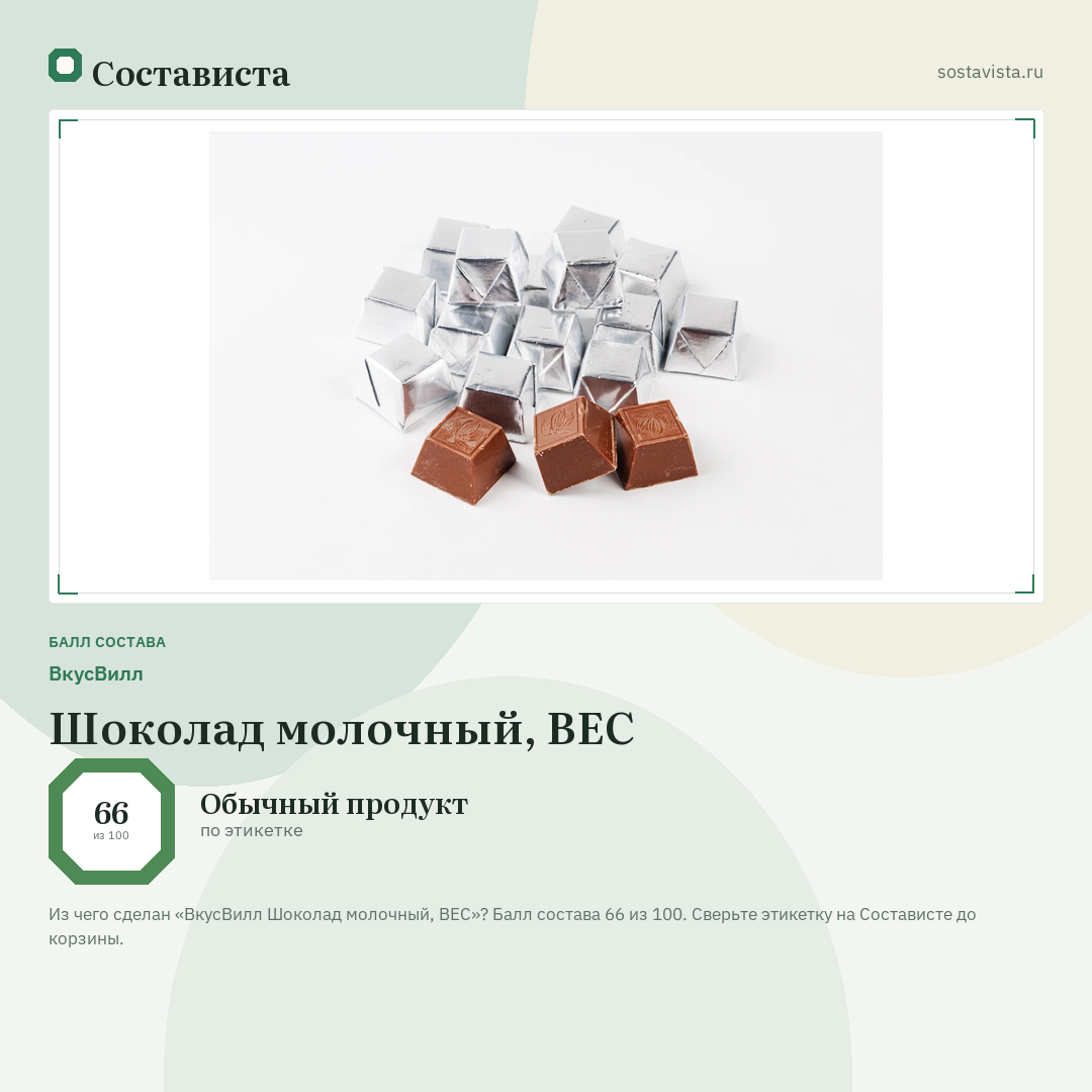 ВкусВилл Шоколад молочный, ВЕС: балл состава 66 из 100 — Состависта