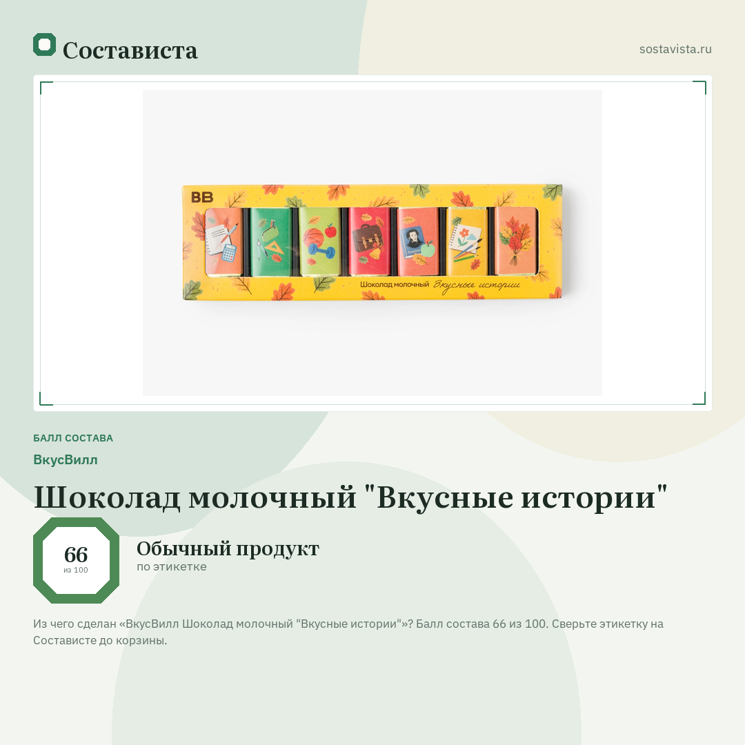 ВкусВилл Шоколад молочный "Вкусные истории": балл состава 66 из 100 — Состависта