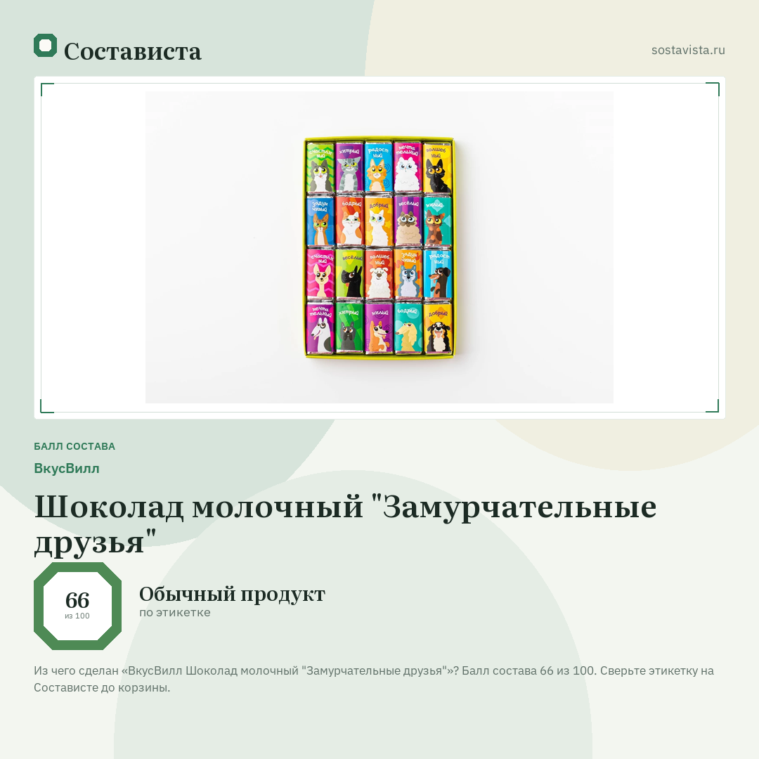 ВкусВилл Шоколад молочный "Замурчательные друзья": балл состава 66 из 100 — Состависта