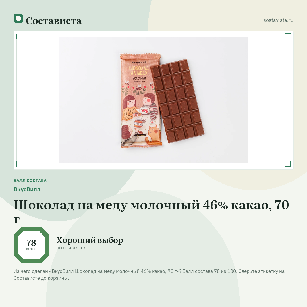 ВкусВилл Шоколад на меду молочный 46% какао, 70 г: балл состава 78 из 100 — Состависта