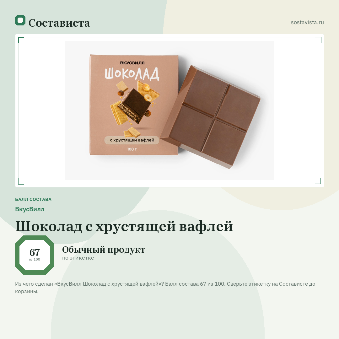 ВкусВилл Шоколад с хрустящей вафлей: балл состава 67 из 100 — Состависта