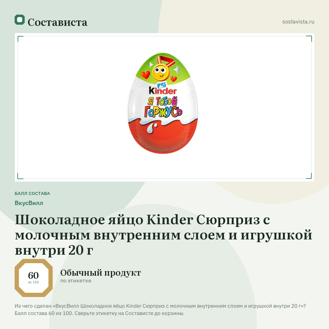 ВкусВилл Шоколадное яйцо Kinder Сюрприз с молочным внутренним слоем и игрушкой внутри 20 г: балл состава 60 из 100 — Состависта
