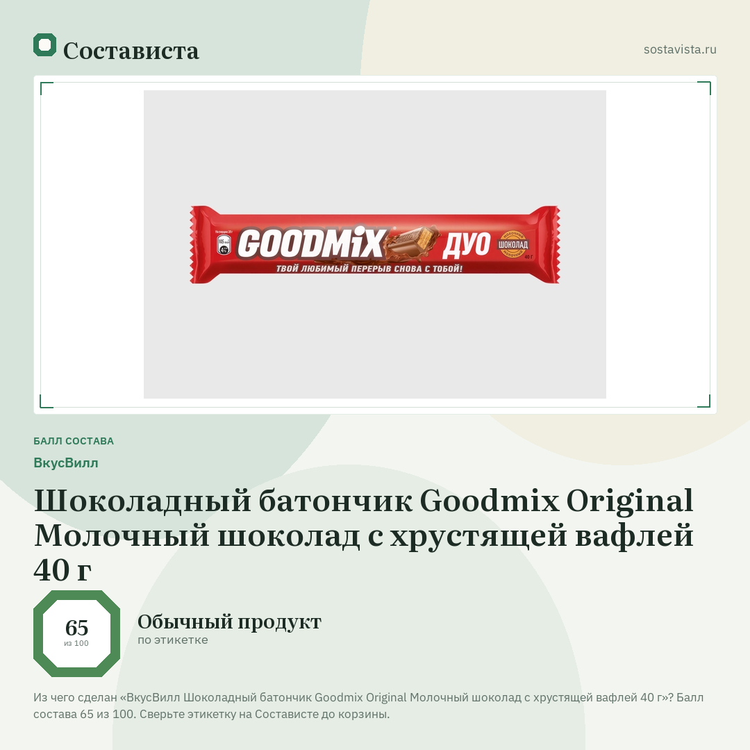 ВкусВилл Шоколадный батончик Goodmix Original Молочный шоколад с хрустящей вафлей 40 г: балл состава 65 из 100 — Состависта