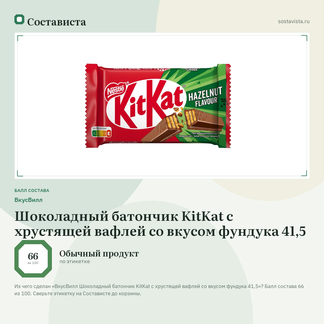 ВкусВилл Шоколадный батончик KitKat с хрустящей вафлей со вкусом фундука 41,5: балл состава 66 из 100 — Состависта