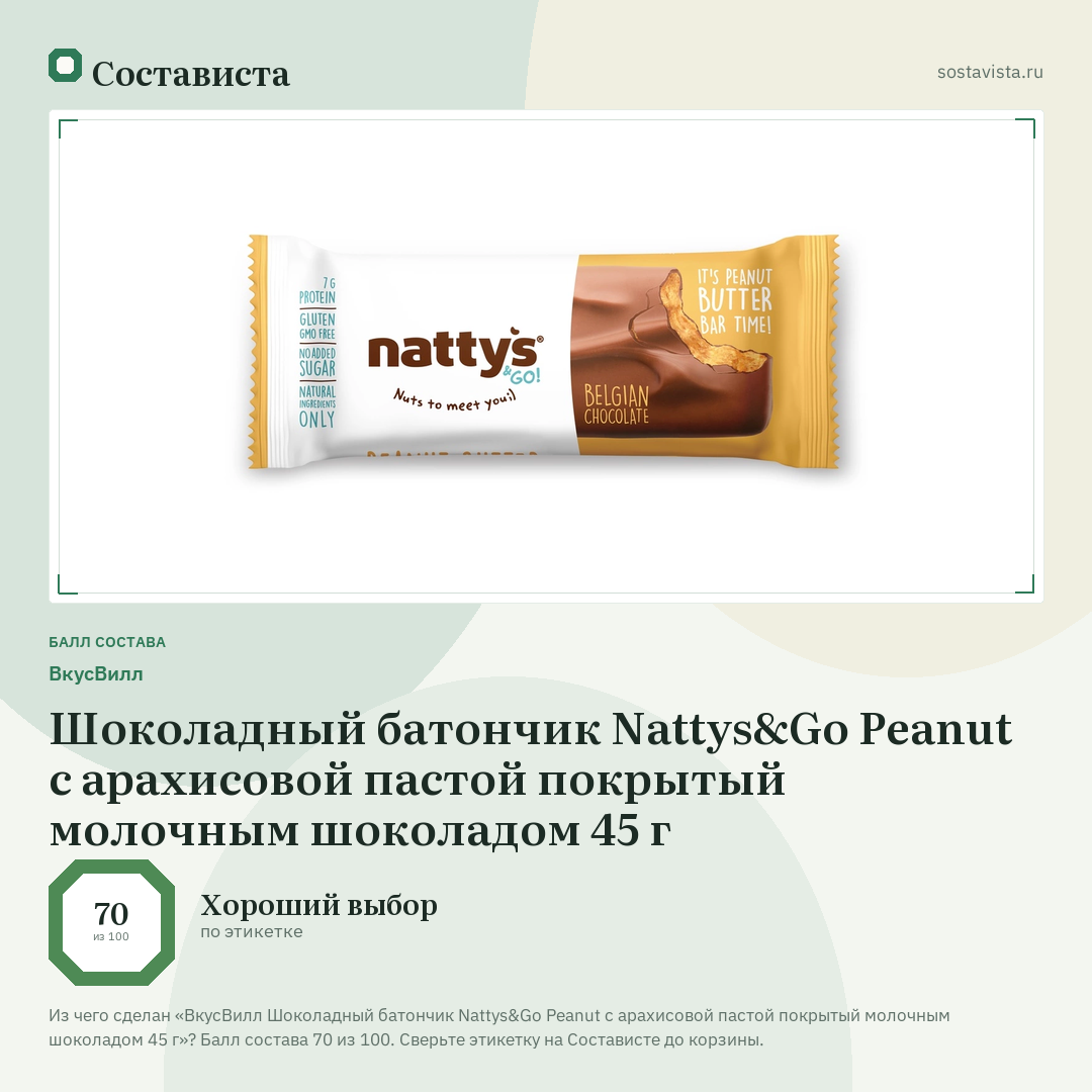 ВкусВилл Шоколадный батончик Nattys&Go Peanut с арахисовой пастой покрытый молочным шоколадом 45 г: балл состава 70 из 100 — Состависта