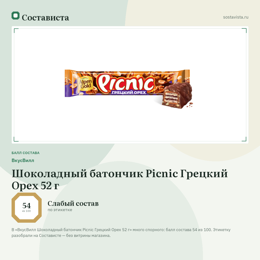 ВкусВилл Шоколадный батончик Picnic Грецкий Орех 52 г: балл состава 54 из 100 — Состависта