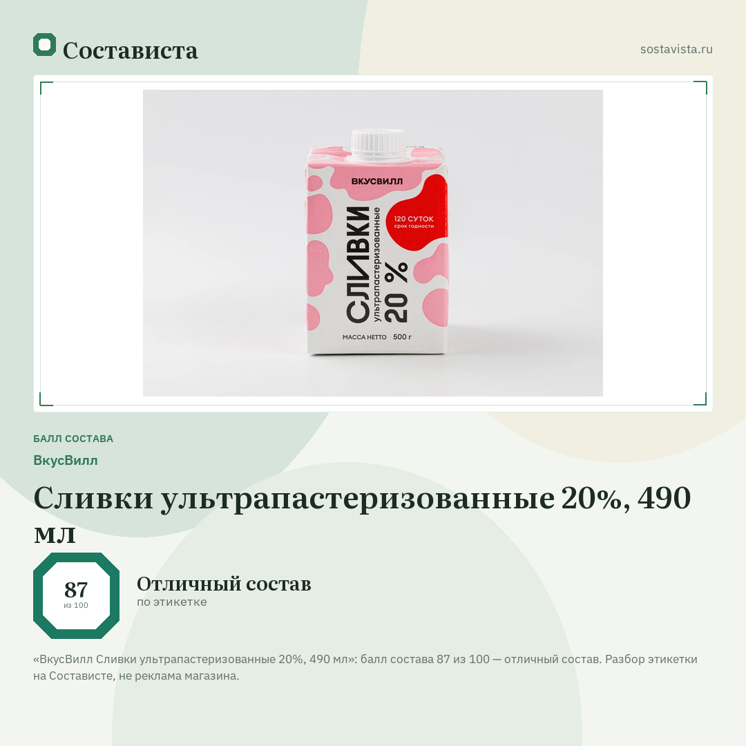 ВкусВилл Сливки ультрапастеризованные 20%, 490 мл: балл состава 87 из 100 — Состависта