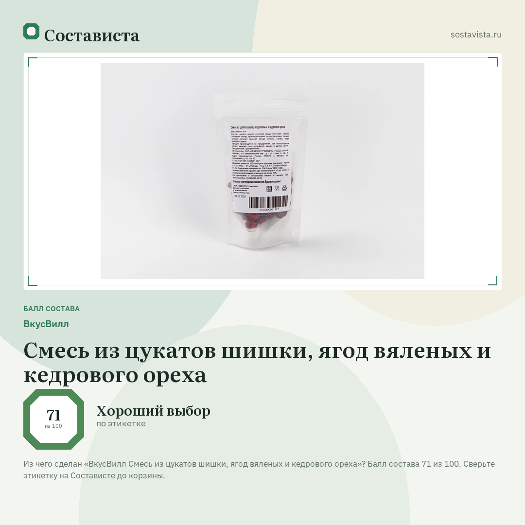 ВкусВилл Смесь из цукатов шишки, ягод вяленых и кедрового ореха: балл состава 71 из 100 — Состависта