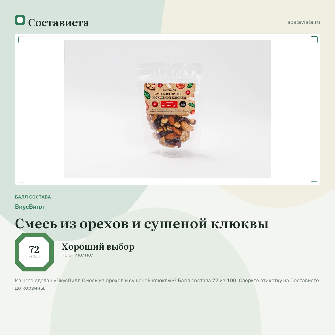ВкусВилл Смесь из орехов и сушеной клюквы: балл состава 72 из 100 — Состависта