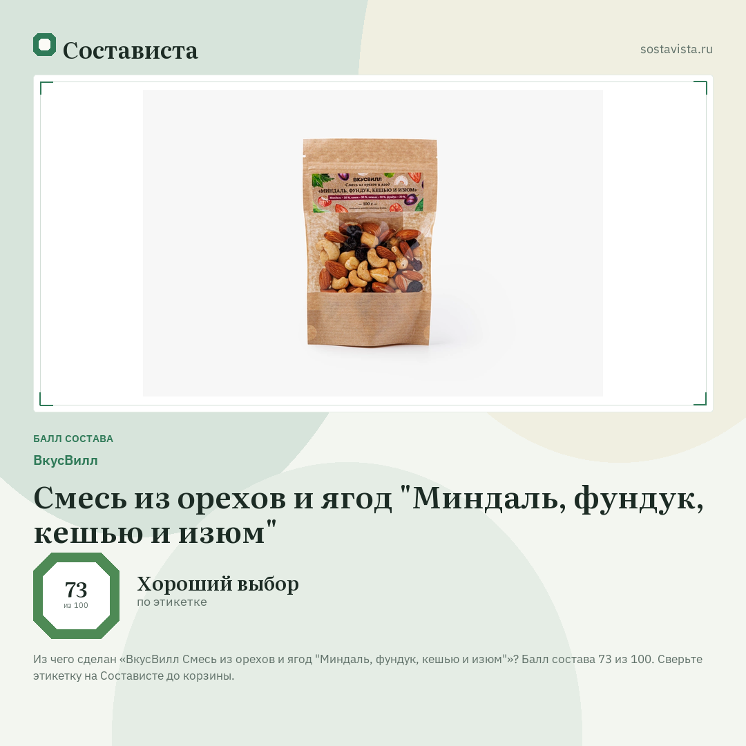 ВкусВилл Смесь из орехов и ягод "Миндаль, фундук, кешью и изюм": балл состава 73 из 100 — Состависта