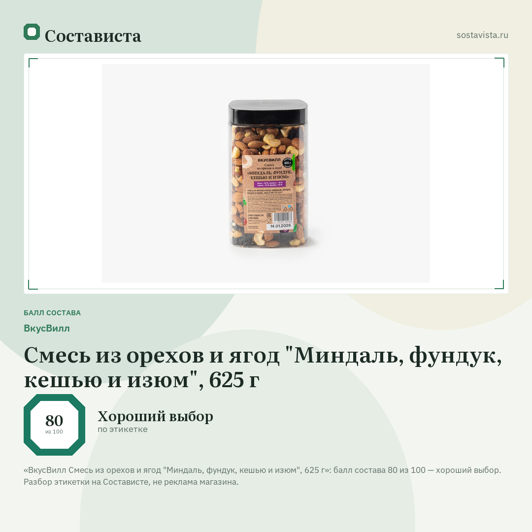 ВкусВилл Смесь из орехов и ягод "Миндаль, фундук, кешью и изюм", 625 г: балл состава 80 из 100 — Состависта
