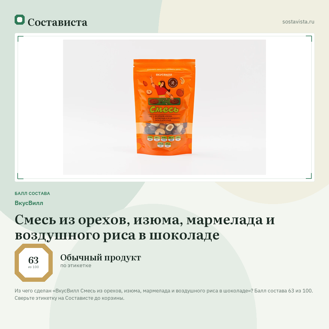 ВкусВилл Смесь из орехов, изюма, мармелада и воздушного риса в шоколаде: балл состава 63 из 100 — Состависта