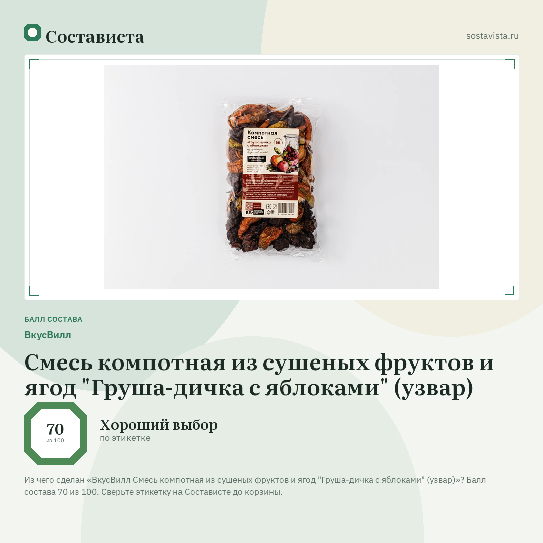 ВкусВилл Смесь компотная из сушеных фруктов и ягод "Груша-дичка с яблоками" (узвар): балл состава 70 из 100 — Состависта