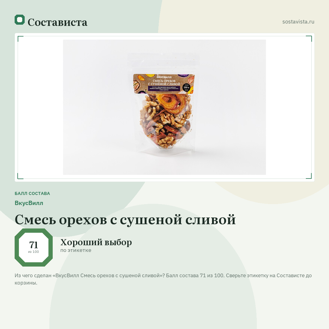 ВкусВилл Смесь орехов с сушеной сливой: балл состава 71 из 100 — Состависта