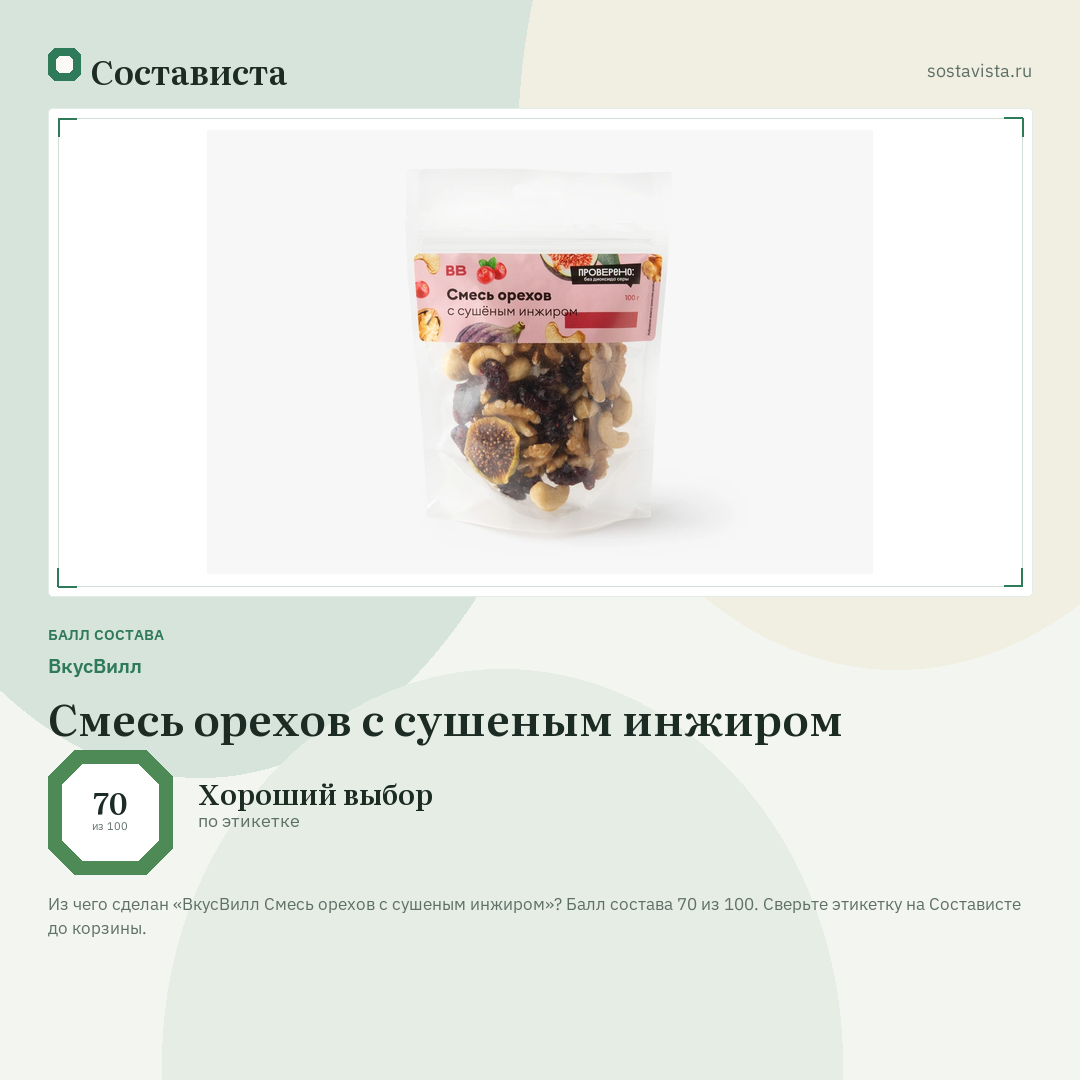 ВкусВилл Смесь орехов с сушеным инжиром: балл состава 70 из 100 — Состависта