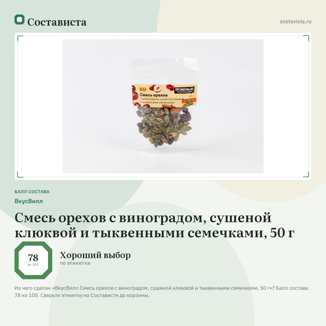 ВкусВилл Смесь орехов с виноградом, сушеной клюквой и тыквенными семечками, 50 г: балл состава 78 из 100 — Состависта