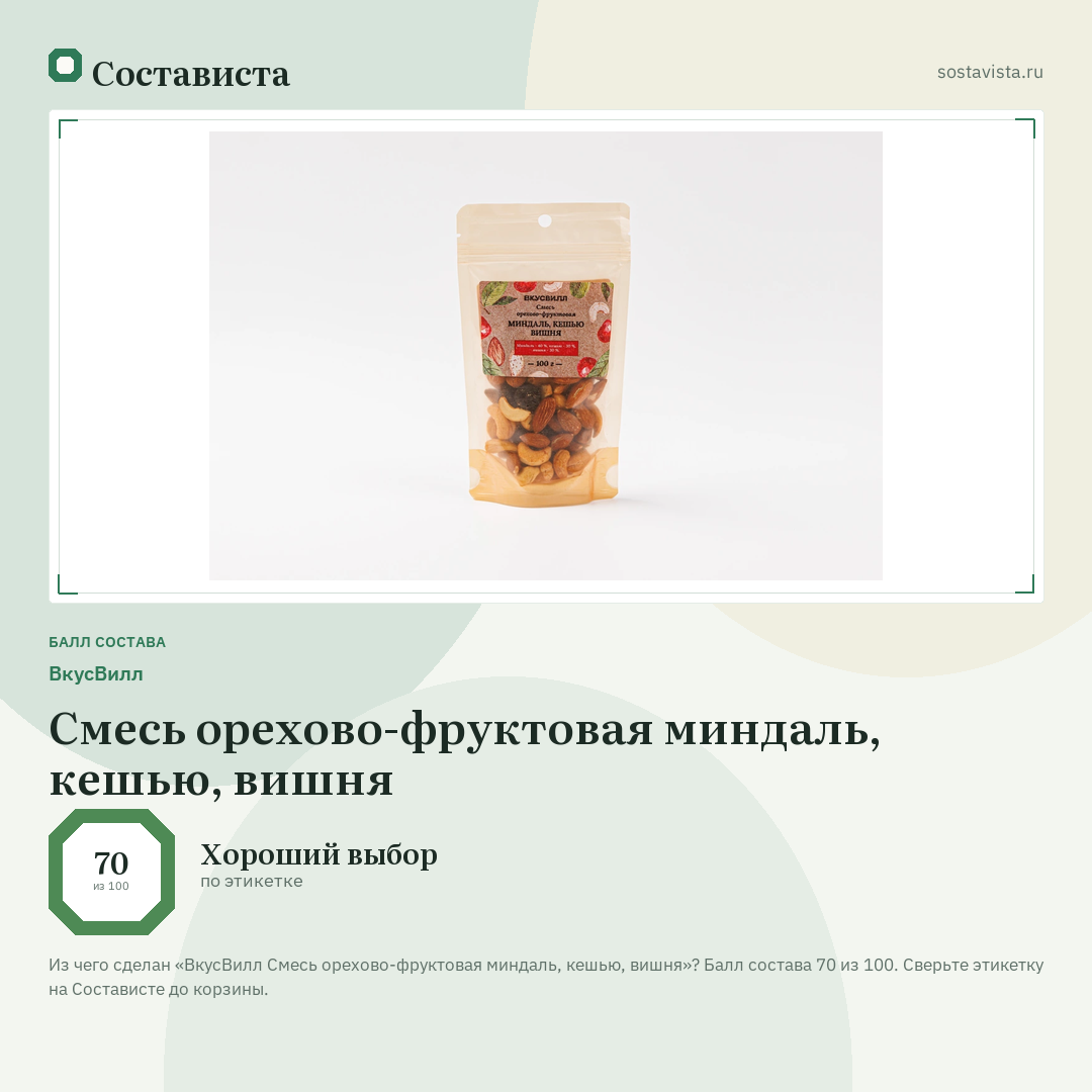 ВкусВилл Смесь орехово-фруктовая миндаль, кешью, вишня: балл состава 70 из 100 — Состависта
